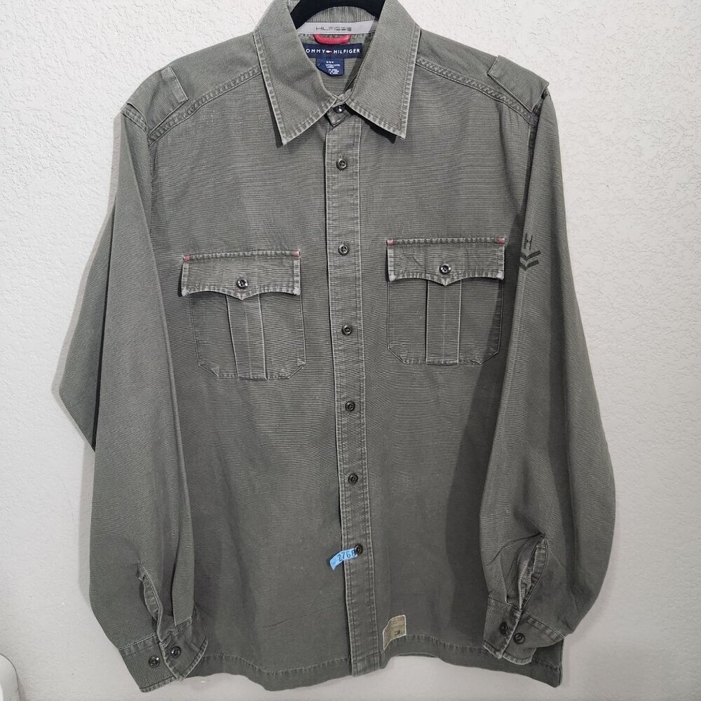 Vintage Tommy Hilfiger Shirt Mens Medium Green Canvas Heavy Military Grunt